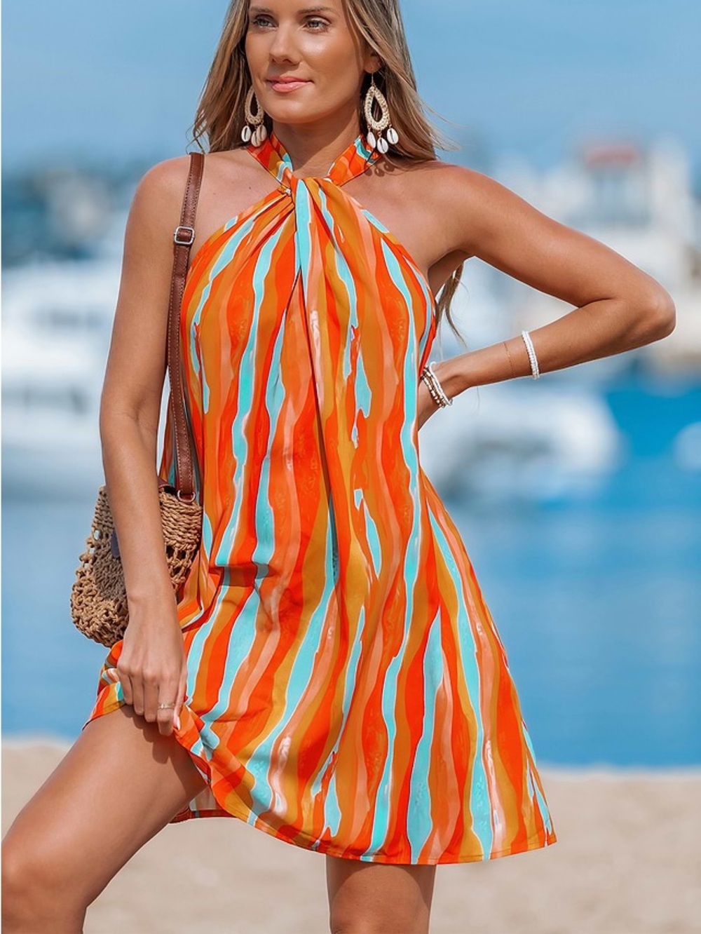Cupshe Orange and Turquoise Halter Striped Beach Coverup